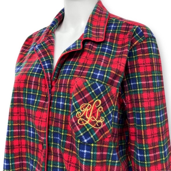 Lauren Ralph Lauren Long Sleeve Notch Collar Red Plaid Fleece Pajama Set Size L - Picture 4 of 8
